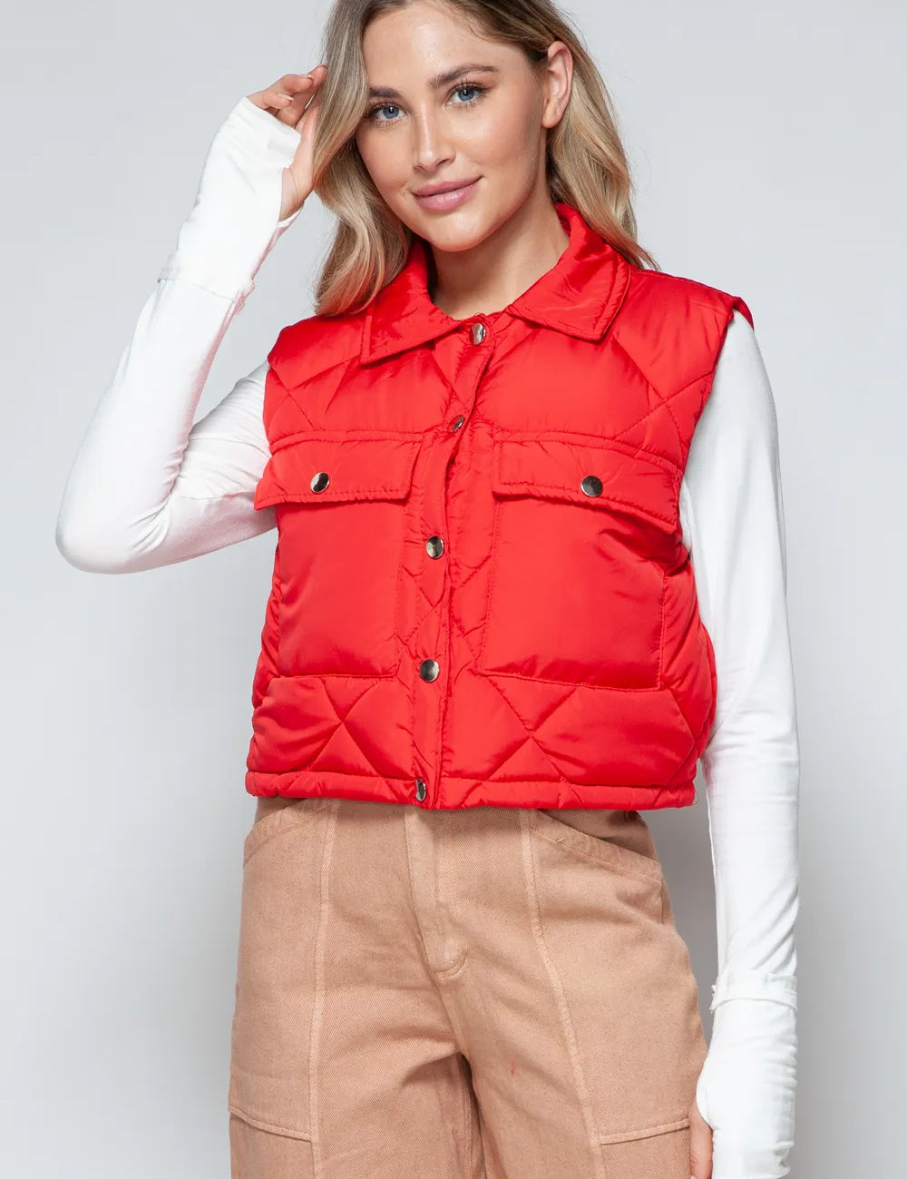 Red Snobbish Snap Down Quilted Crop Vest | Vest Jackets Daverri Fashions