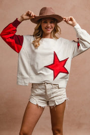 IVORY RED BURGUNDY XL BiBi Star Patch And Spliced Hemline French Terry Long Sleeve Sweatshirt | Daverri Fashions