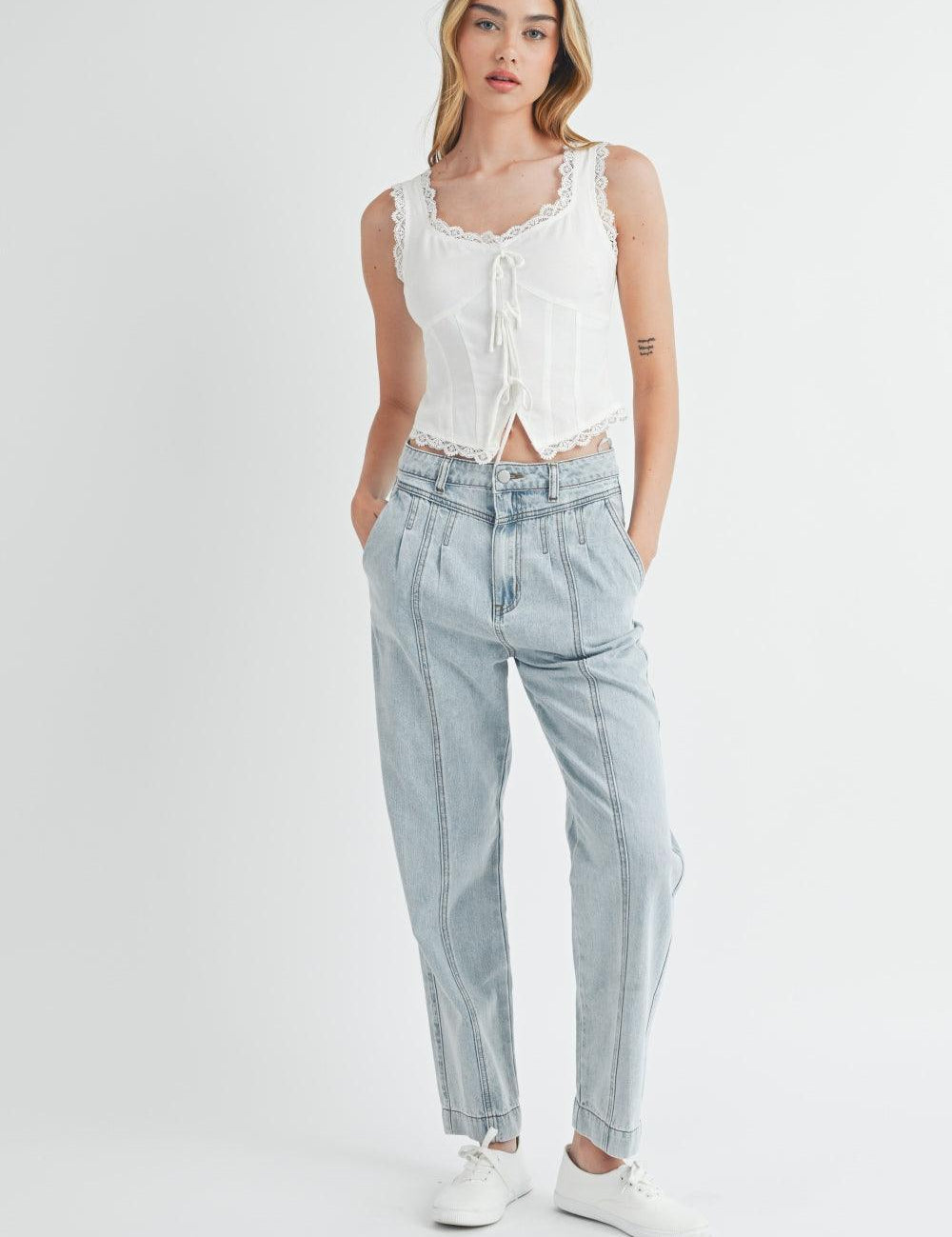 MABLE Pleated Front Detail Straight Jeans | Jeans Daverri Fashions