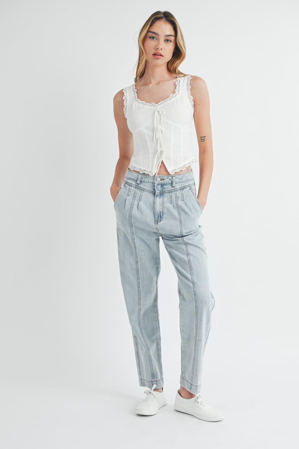 MABLE Pleated Front Detail Straight Jeans | Jeans Daverri Fashions