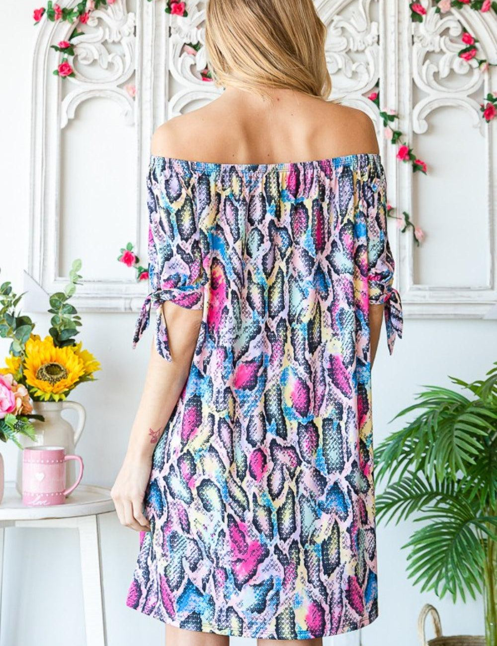 Heimish Full Size Off Shoulder Snake Mini Dress | Daverri Fashions