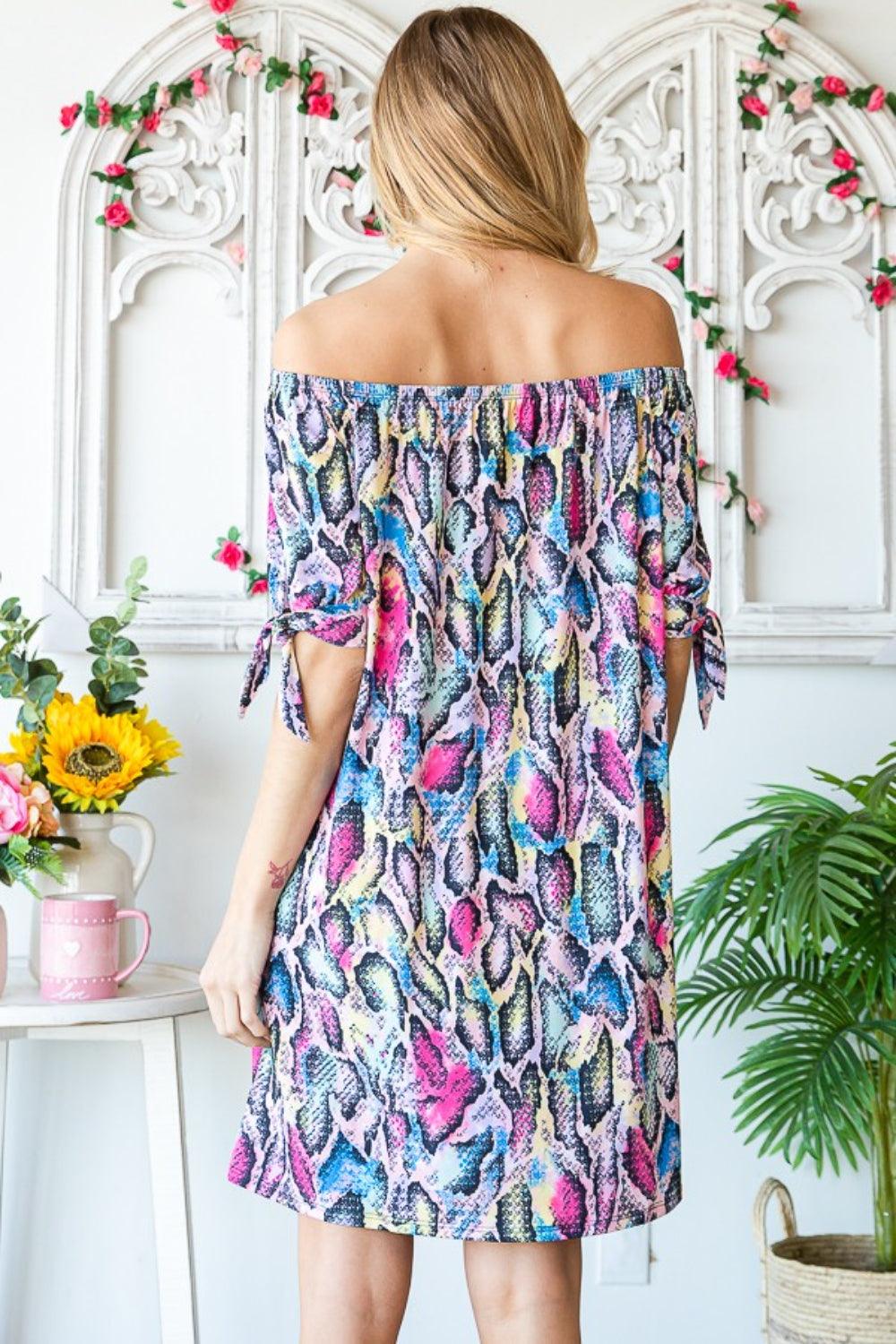 Heimish Full Size Off Shoulder Snake Mini Dress | Daverri Fashions