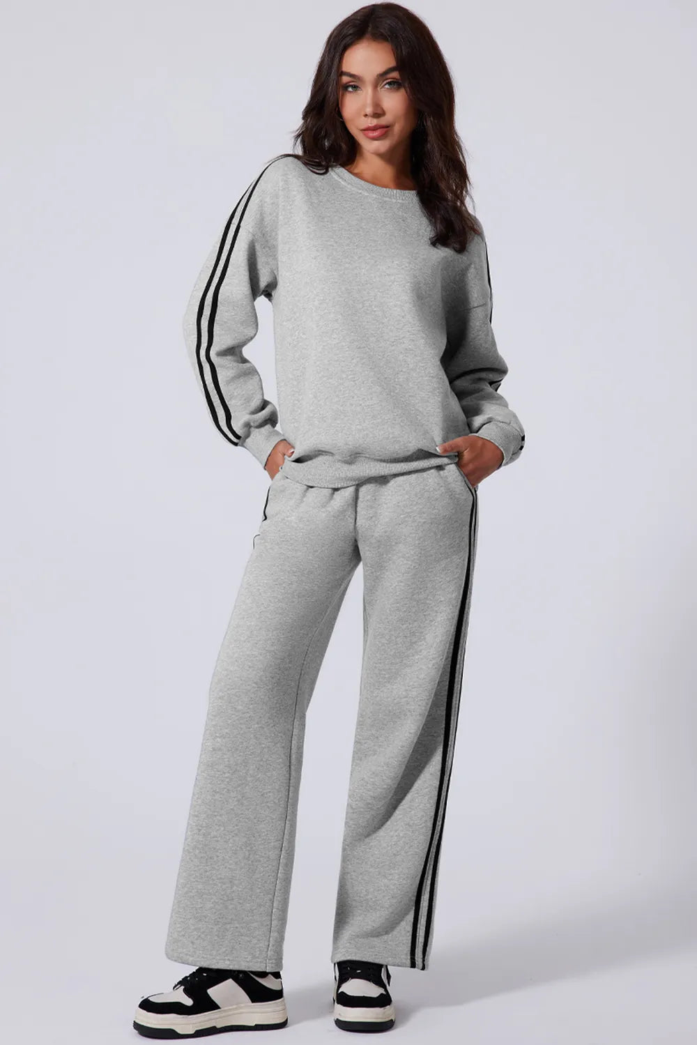 Side Striped Round Neck Top and Pants Active Set | Loungewear Sets Daverri Fashions