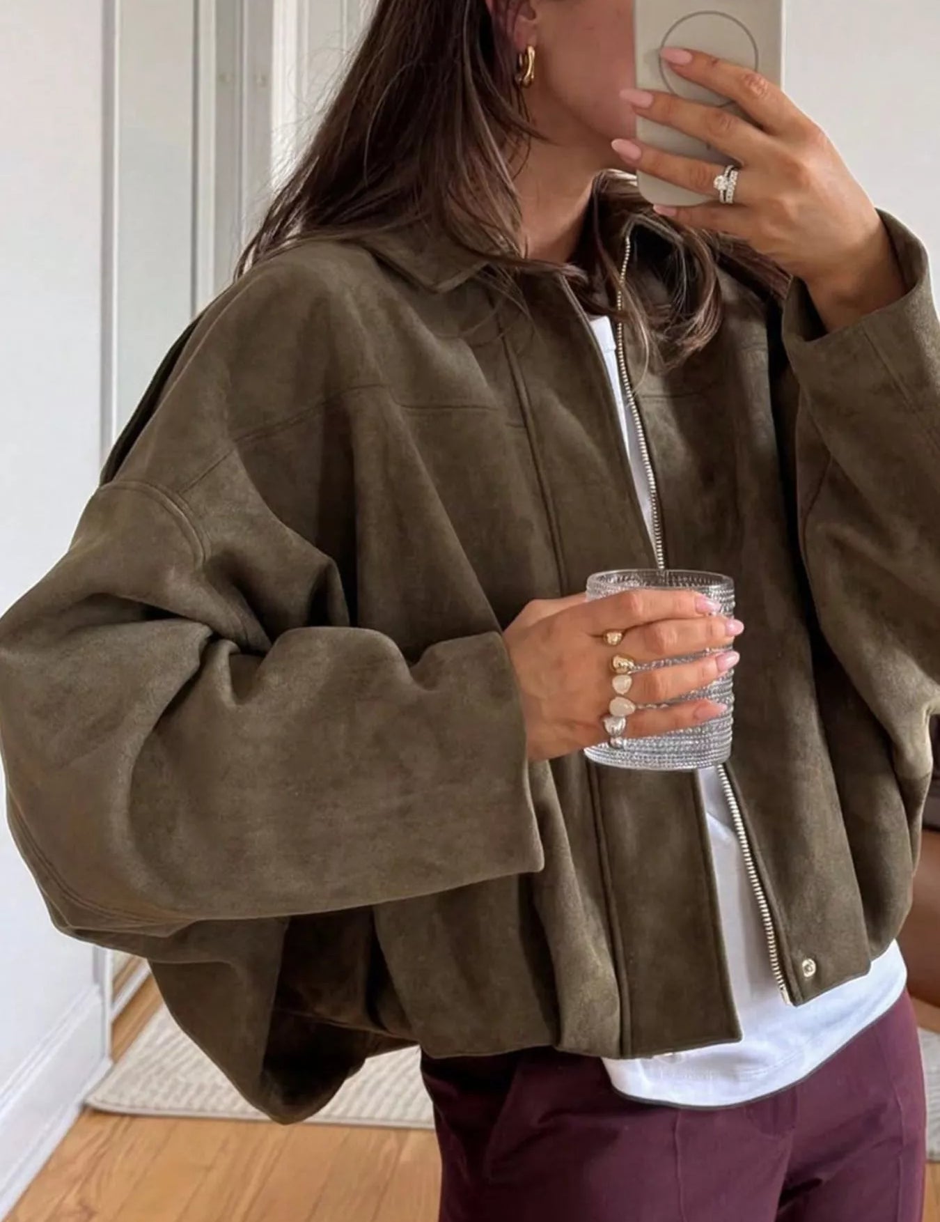 Brown Zip Up Oversized Jacket | Jackets Daverri Fashions