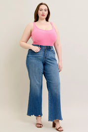 Judy Blue Full Size High Waist Tummy Control Chew Hem Destroy Wide Jeans Plus Size | Jeans Daverri Fashions