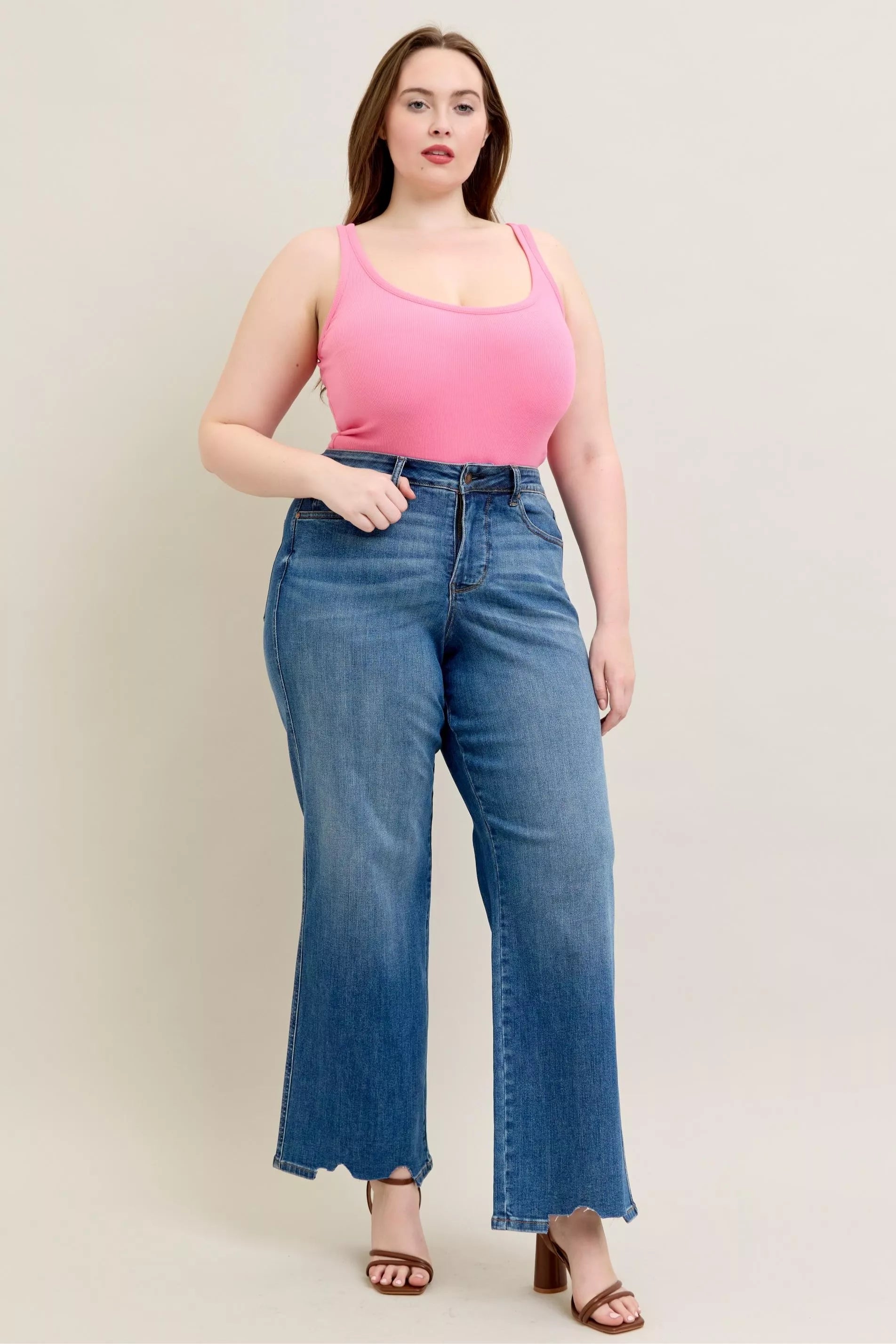 Judy Blue Full Size High Waist Tummy Control Chew Hem Destroy Wide Jeans Plus Size | Jeans Daverri Fashions