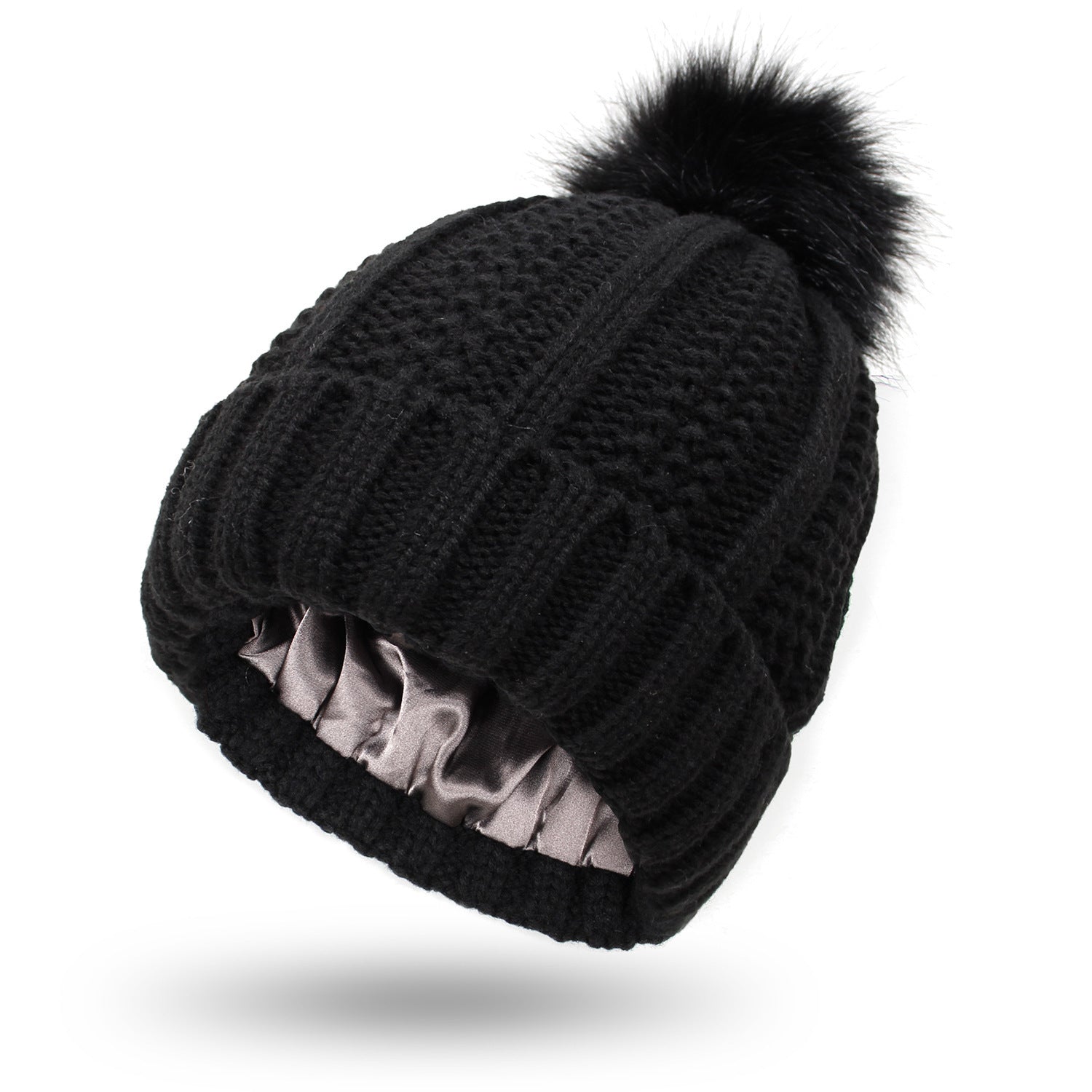 Black One size Stretchy Satin-Lined Skull Knit Pom Pom Hat | Hats Daverri Fashions