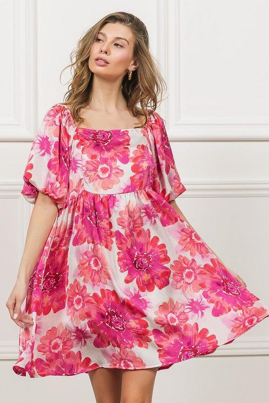 BiBi Floral Square Neck Puff Sleeve Mini Dress | Mini Dresses Daverri Fashions