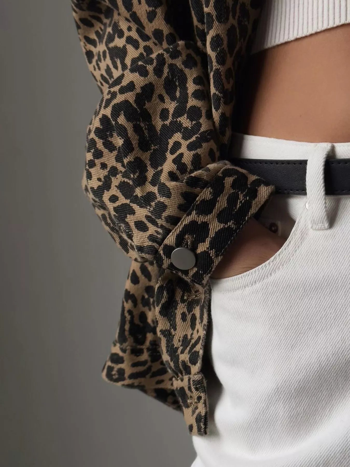 Leopard Button Up Long Sleeve Denim Jacket | Denim Jackets Daverri Fashions