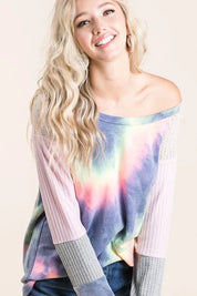 BiBi Tie Dye Terry Top With Color Block Pointelle Knit | Tops Daverri Fashions