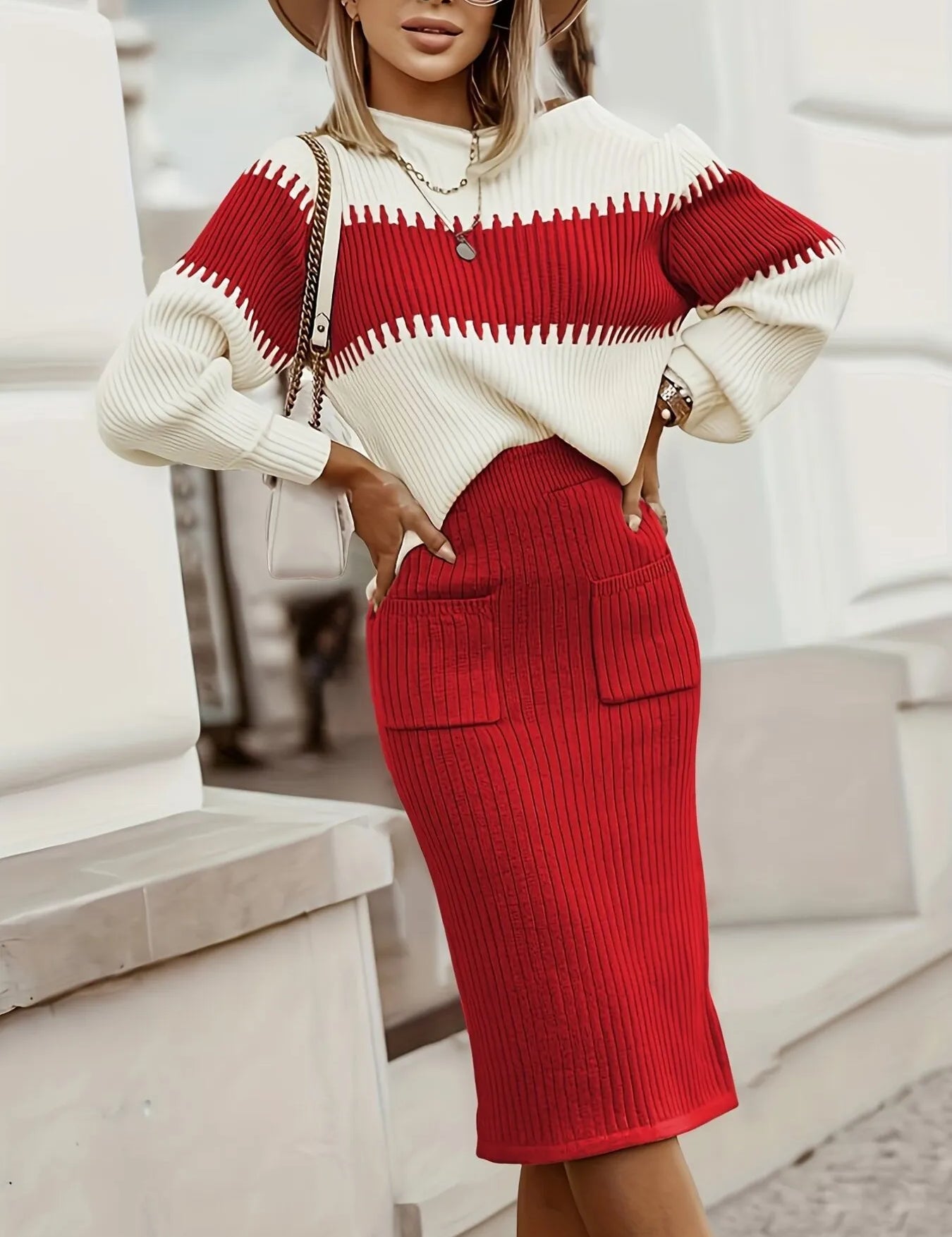 Two-Tone Ribbed Knit Top and Skirt Sweater Set | Outfit Sets Daverri Fashions