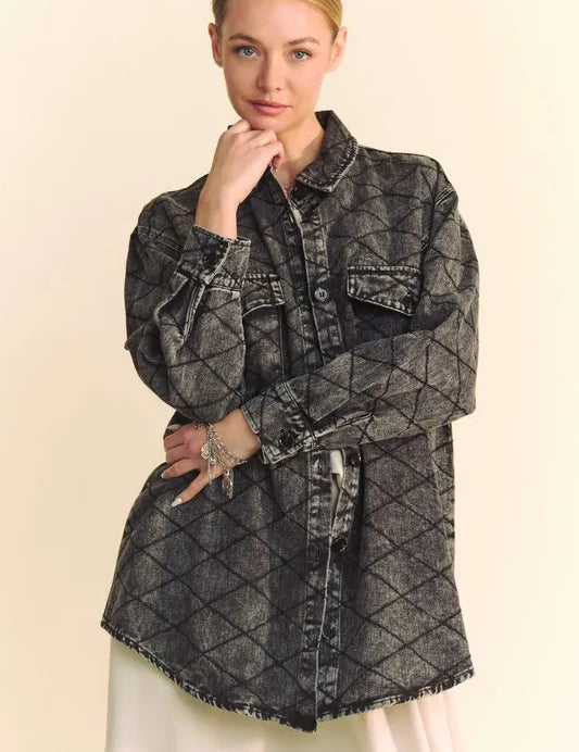 Black Davi & Dani Curved Hem Diamond Quilted Button Up Denim Shacket | Shackets Daverri Fashions