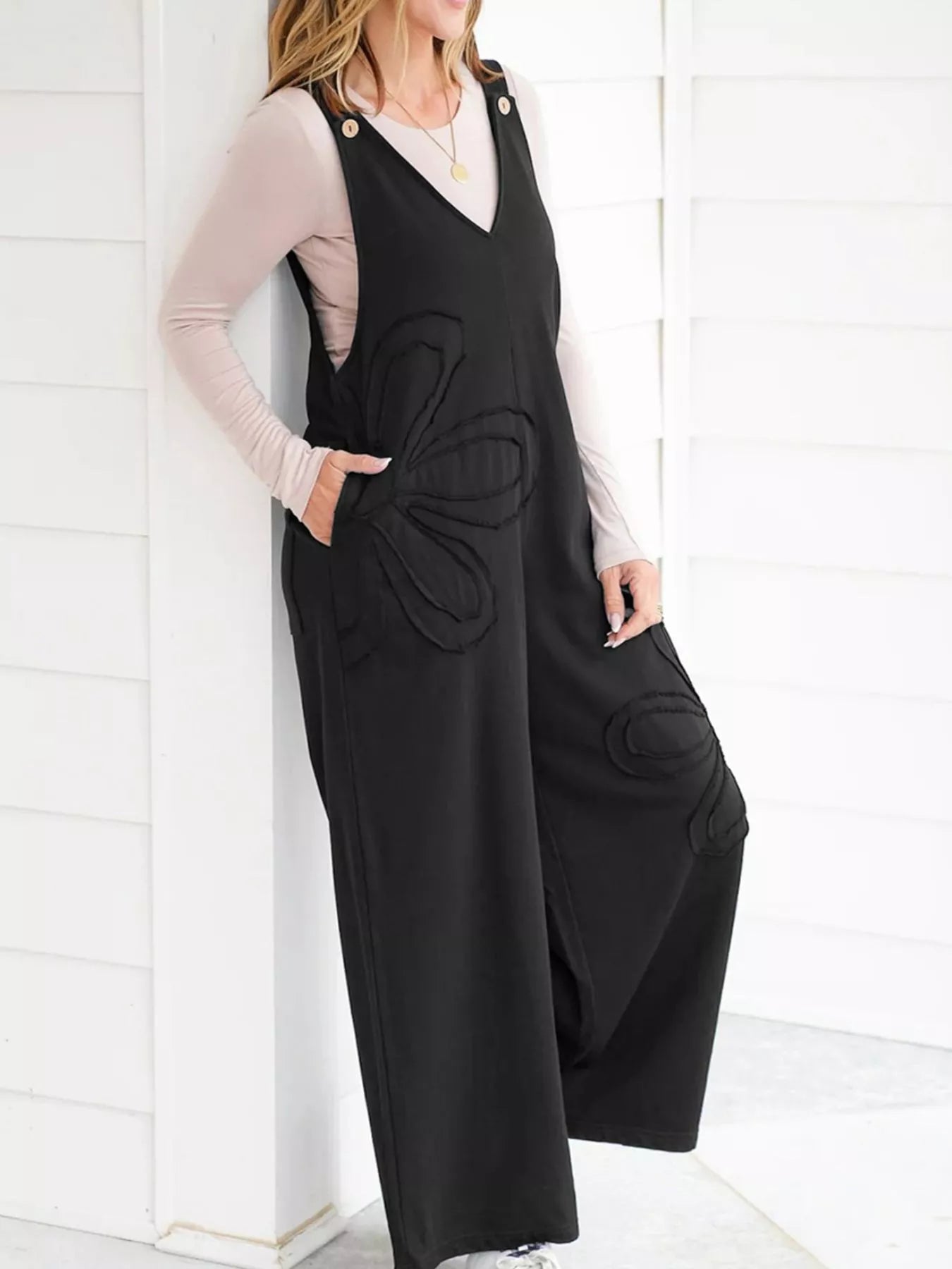 Black V-Neck Wide Leg Jumpsuit | Jumpsuits Daverri Fashions