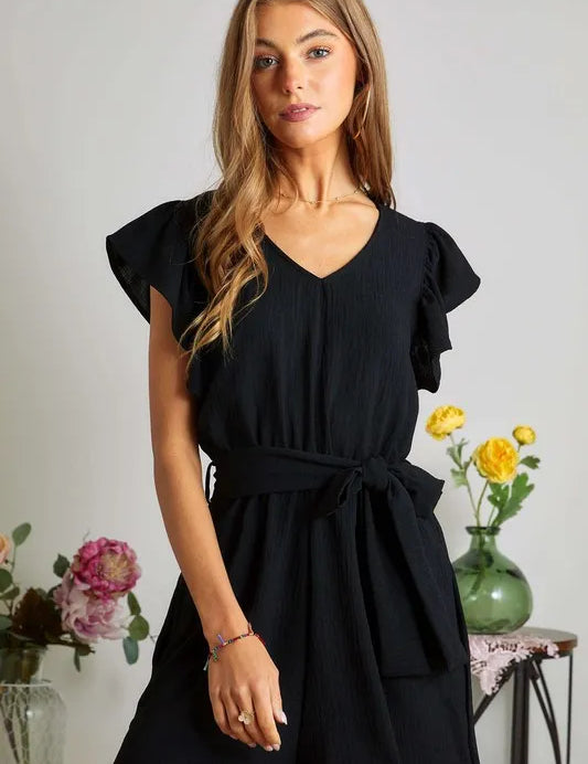 BLACK ADORA Ruffle Sleeves Romper with Pockets | Rompers Daverri Fashions