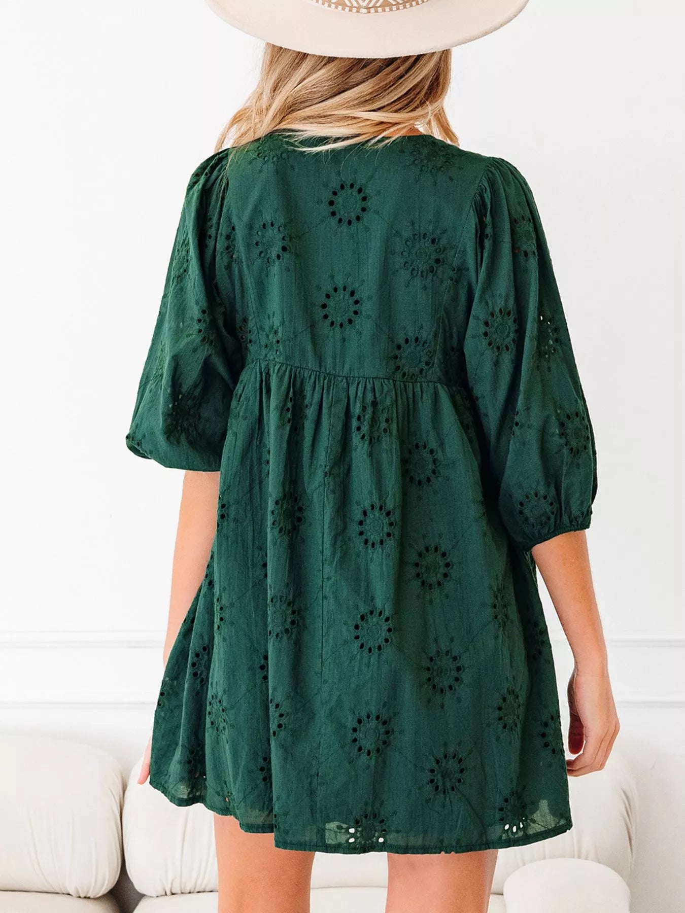 Embroidered Eyelet Pattern 3/4 Puffy Sleeve Swing Mini Dress | Mini Dresses Daverri Fashions