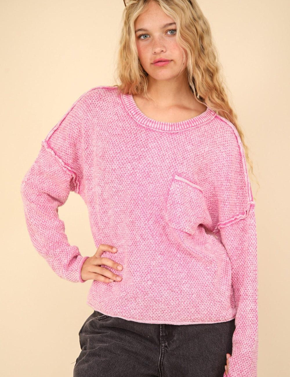 Pink VERY J Mineral Washed Exposed Seam Sweater Pink | Sweaters Daverri Fashions