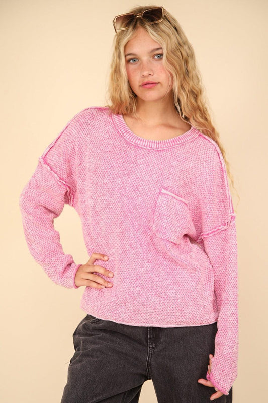 VERY J Mineral Washed Exposed Seam Sweater Pink - DAVERRI FASHIONS