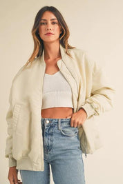 Ecru MABLE Back Ruched Utiltiy Bomber Jacket | Daverri Fashions