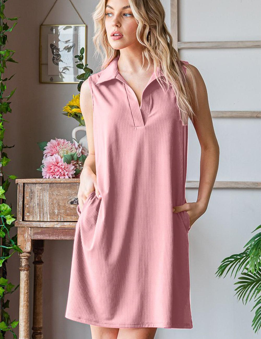 Heimish Full Size Ribbed Johnny Collar Sleeveless Dress | Mini Dresses Daverri Fashions