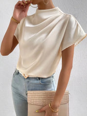 Cream Mock Neck Short Sleeve Blouse | Blouses Daverri Fashions