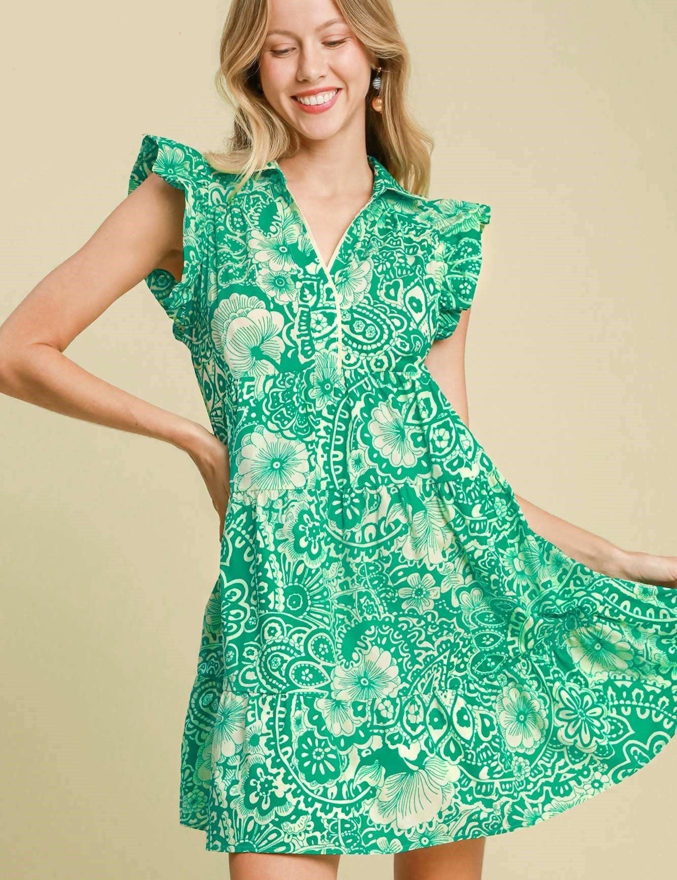 Green L Umgee Full Size Printed Ruffle Cap Sleeve Babydoll Dress Plus Size | Babydoll Dresses Daverri Fashions