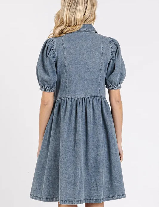Mittoshop Button Down Puff Sleeve Denim Dress | Daverri Fashions