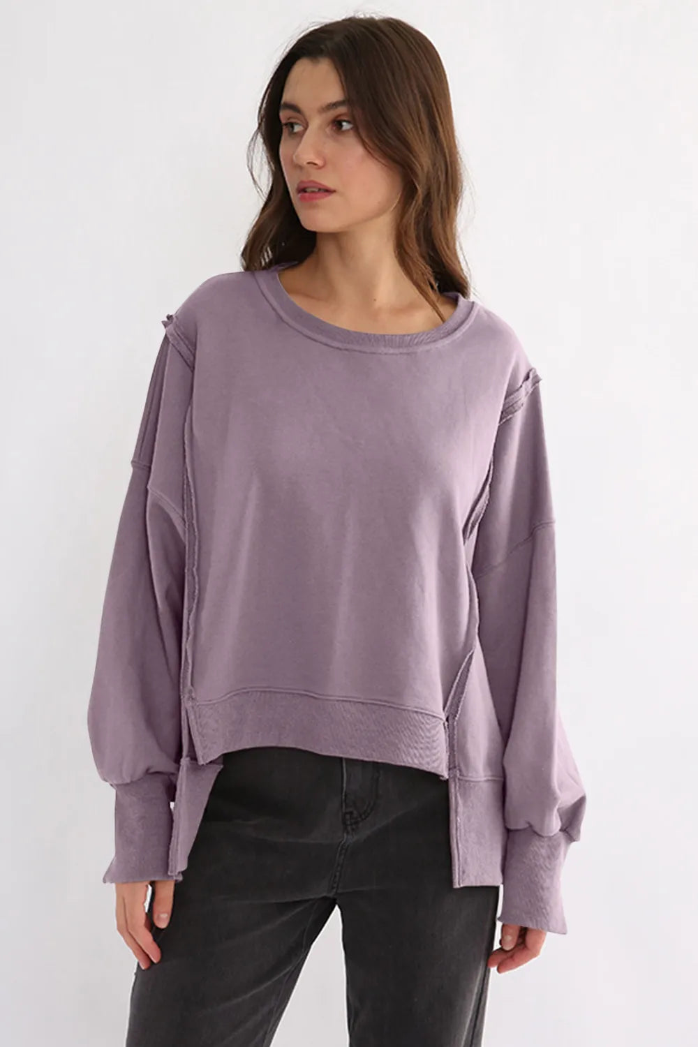 Exposed Seam High-Low Long Sleeve Sweatshirt | Daverri Fashions