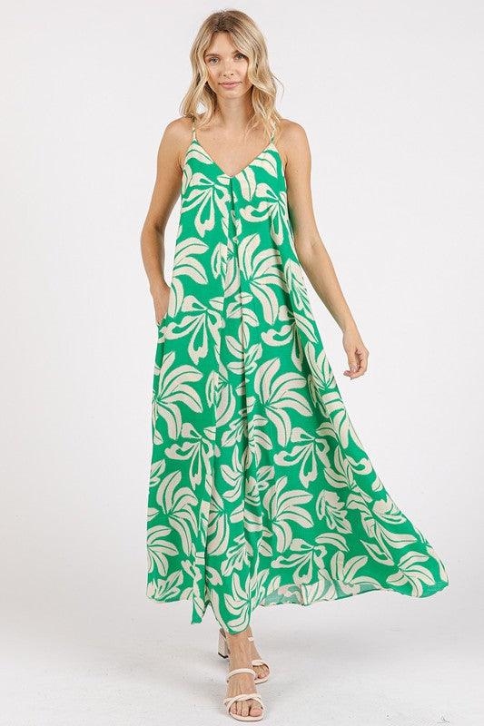 Kelly Green Mittoshop Printed V-Neck Maxi Cami Dress with Pockets | Daverri Fashions