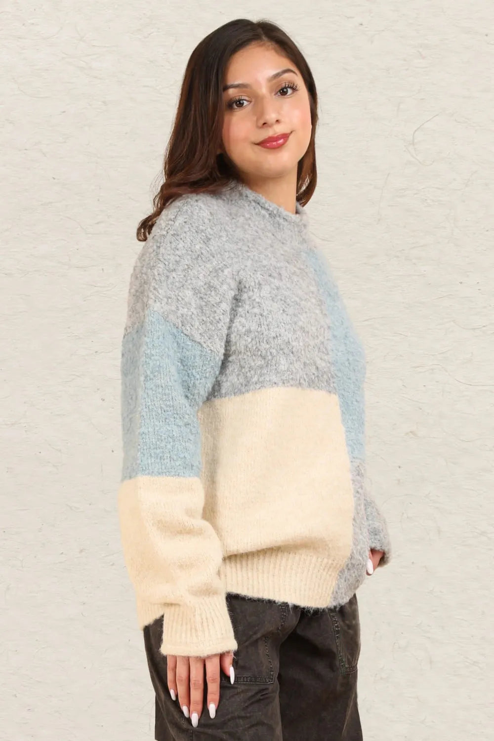 VERY J Color Block Mock Neck Drop Shoulder Sweater Grey | Sweaters Daverri Fashions