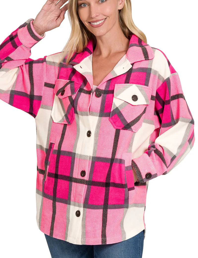 HOT PINK Zenana Oversized Plaid Fleece Shacket | Shackets Daverri Fashions