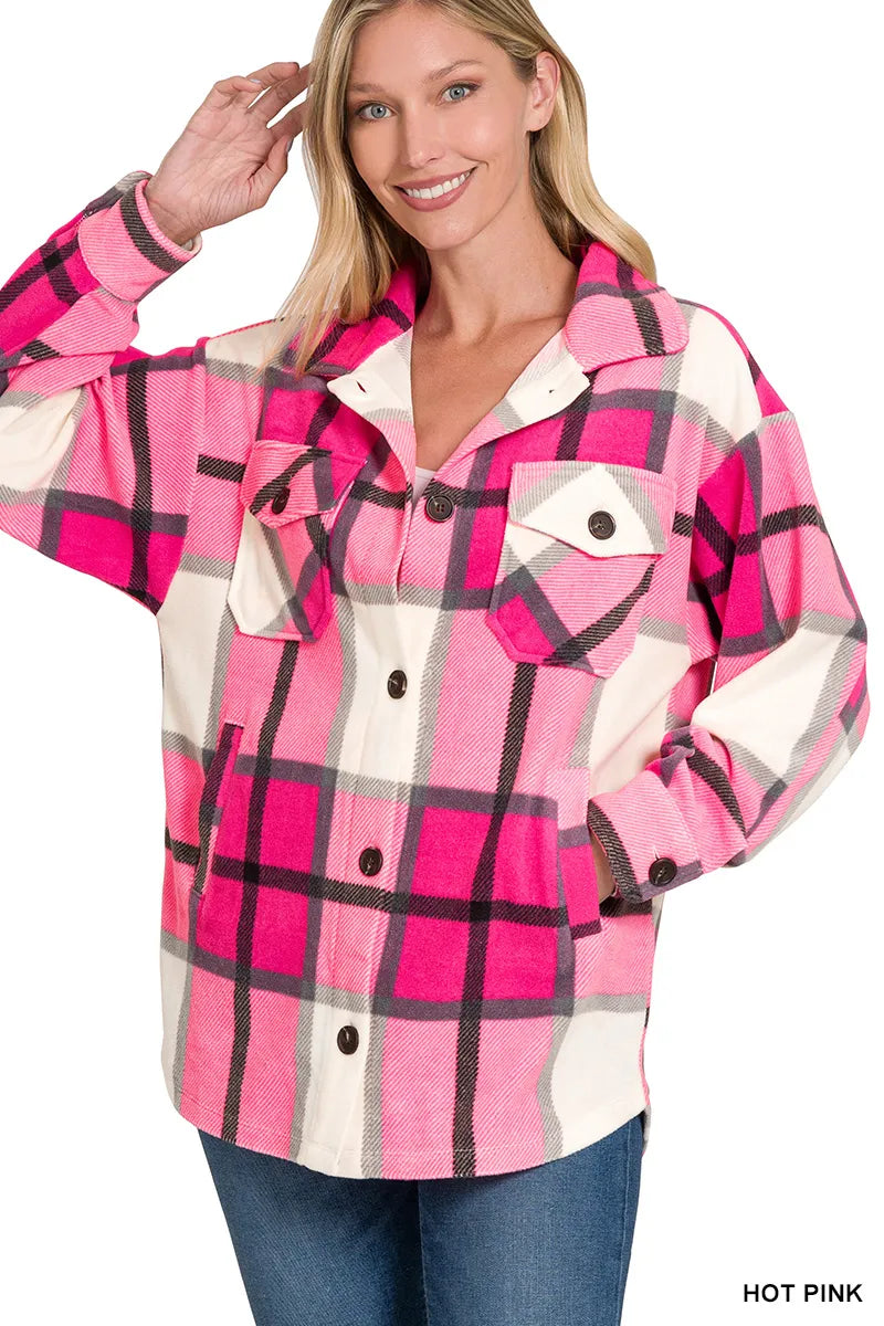 HOT PINK Zenana Oversized Plaid Fleece Shacket | Shackets Daverri Fashions