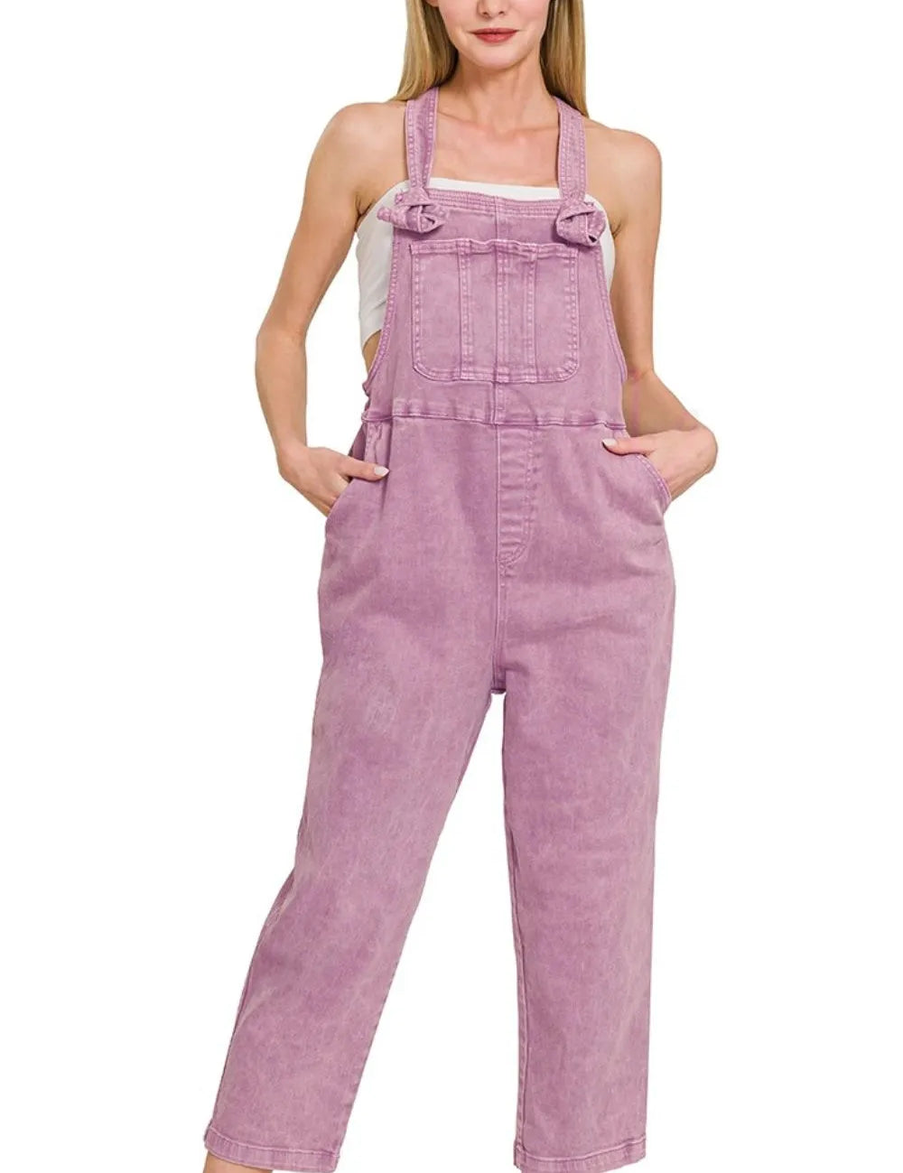 B VIOLET Zenana Washed Knot Strap Relaxed Fit Overalls | Overalls Daverri Fashions