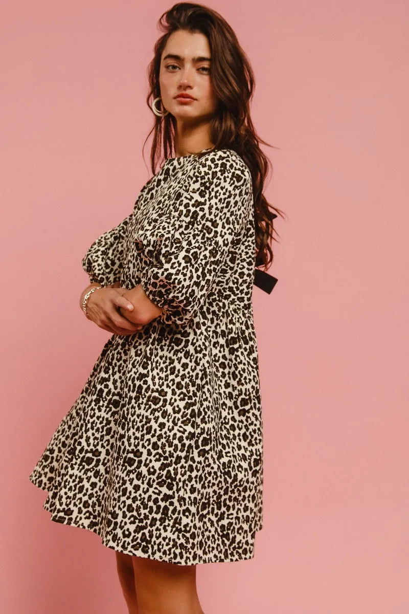 BiBi Leopard Denim Dress With Back Contrast Tie Detail | Daverri Fashions