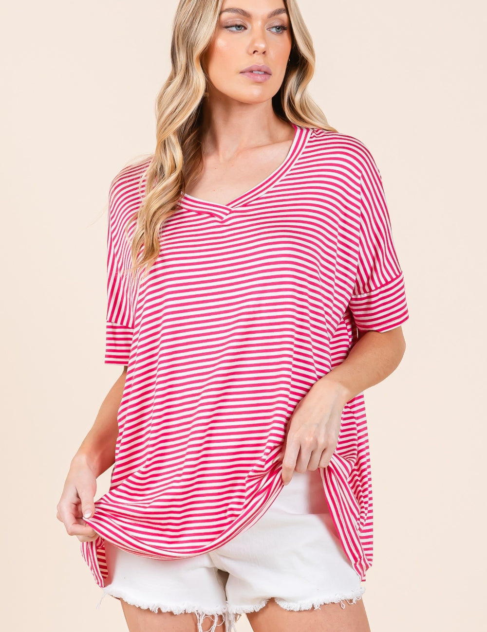 BOMBOM Striped V-Neck T-Shirt | Daverri Fashions