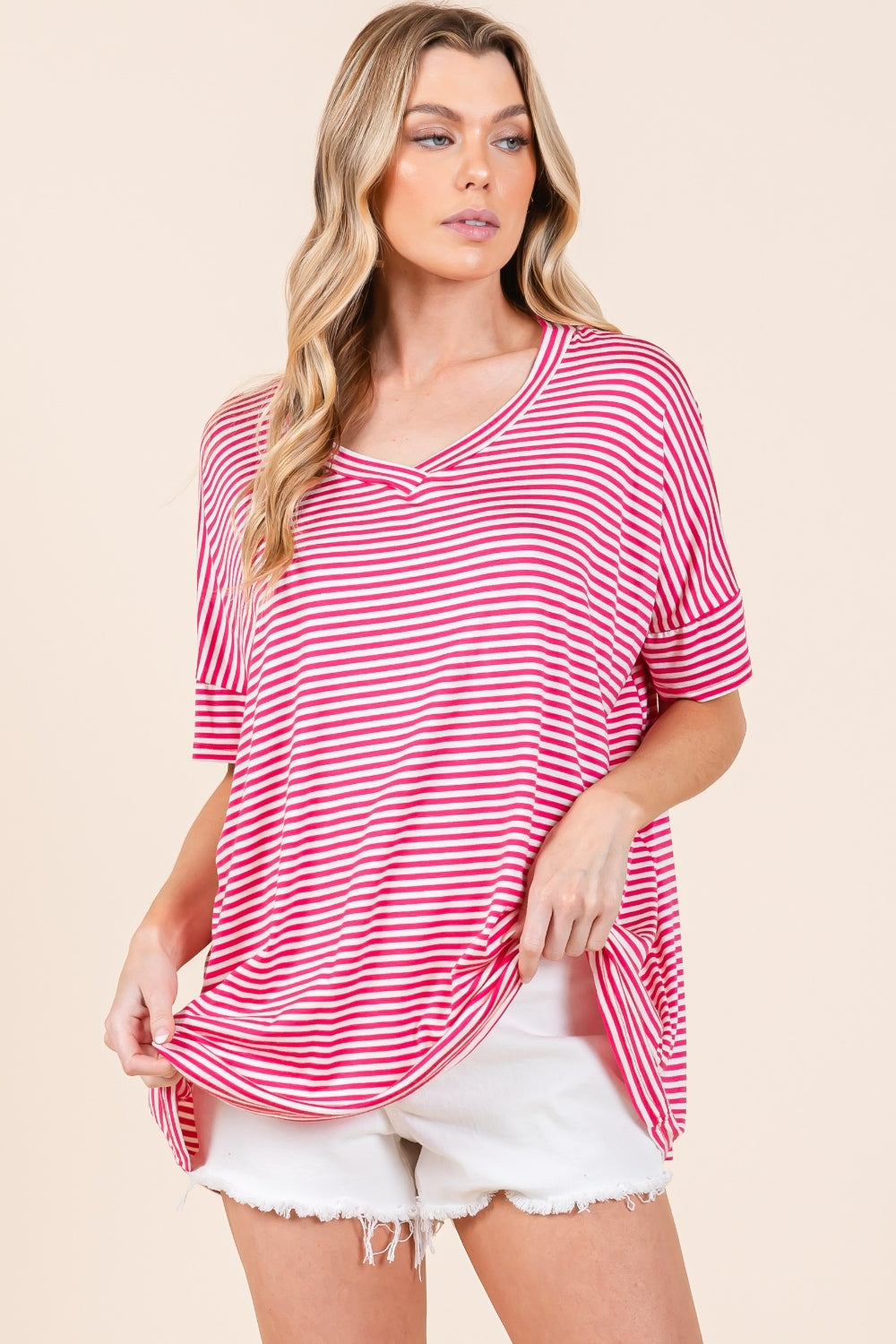 BOMBOM Striped V-Neck T-Shirt | Daverri Fashions