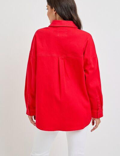 RISEN Button Down Long Sleeve Denim Shacket with Chest Pockets | Daverri Fashions