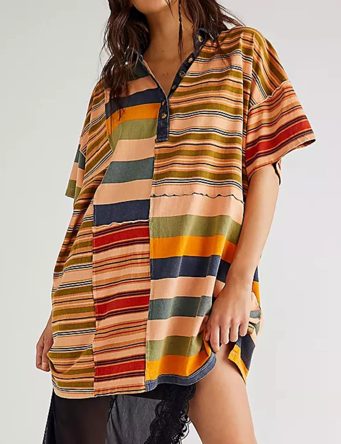 Orange-red Stripes Striped Oversized Half Button Shirt Dress | Mini Dresses Daverri Fashions