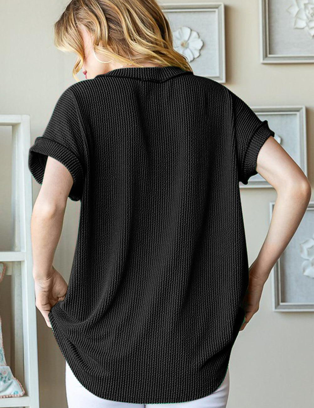 Heimish Full Size Front Pocket Short Sleeve Ribbed Top | Tops Daverri Fashions