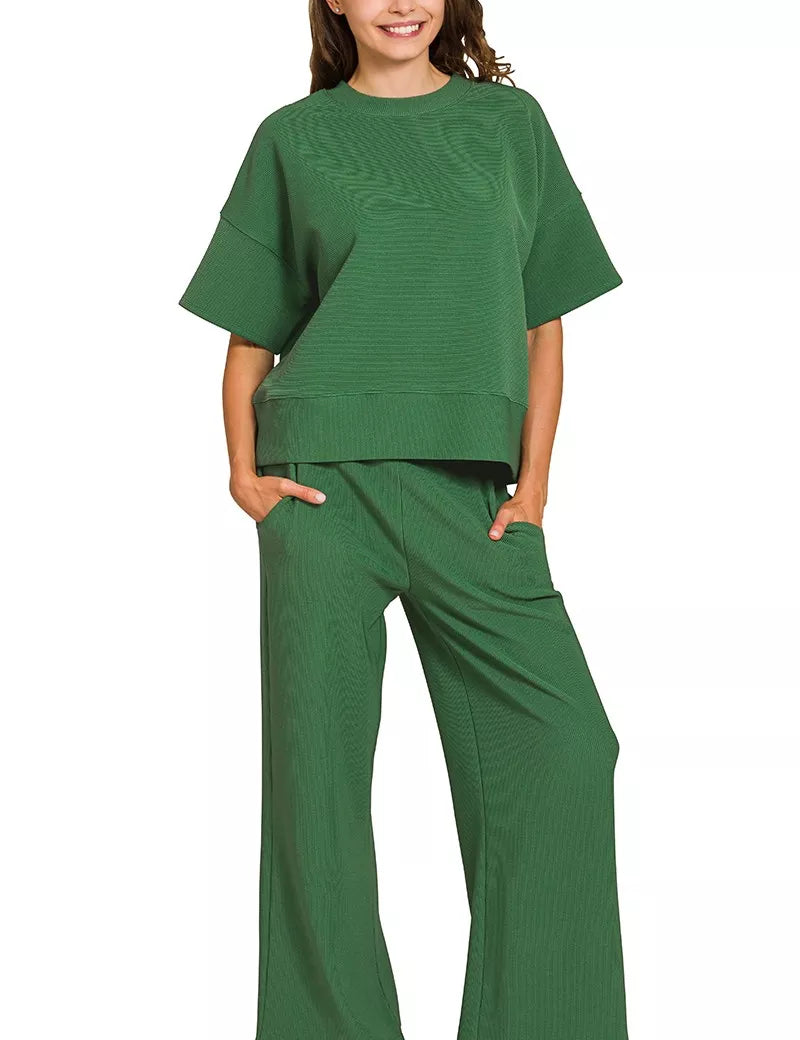 DK GREEN Zenana Ribbed Round Neck Tee & Pants Set | Loungewear Sets Daverri Fashions