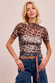 LEOPARD BiBi High Neck Leopard Mesh Short Sleeves Top | Tops Daverri Fashions