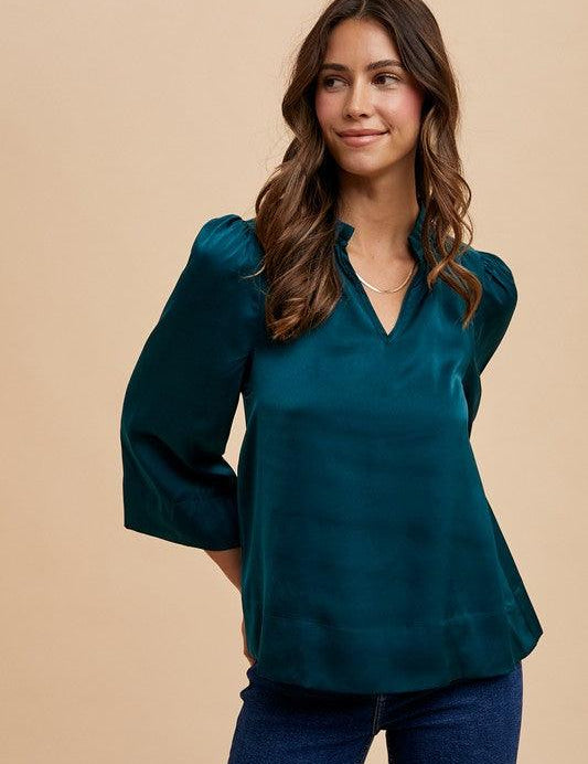 Annie Wear Satin Notched Three-Quarter Sleeve Blouse | Blouses Daverri Fashions
