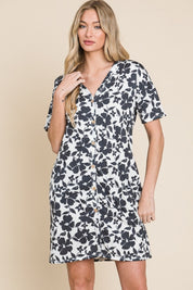 Black BOMBOM Floral Button Down Mini Dress | Daverri Fashions
