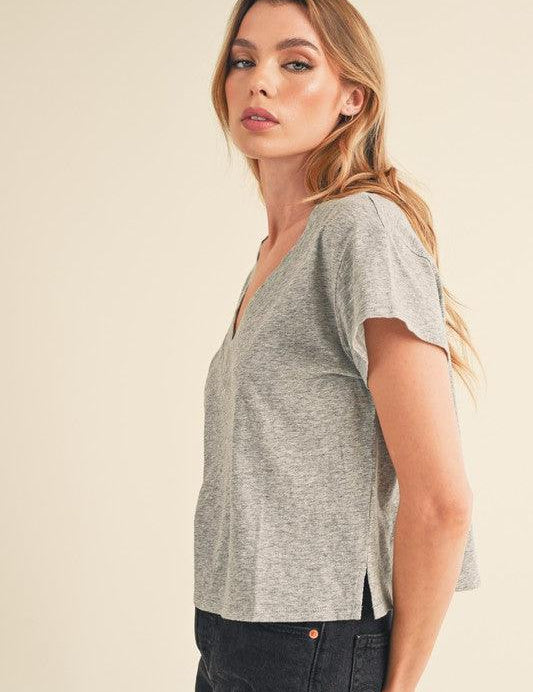 Aemi + Co Side Slit V-Neck Short Sleeve Cropped T-Shirt | T-Shirts Daverri Fashions