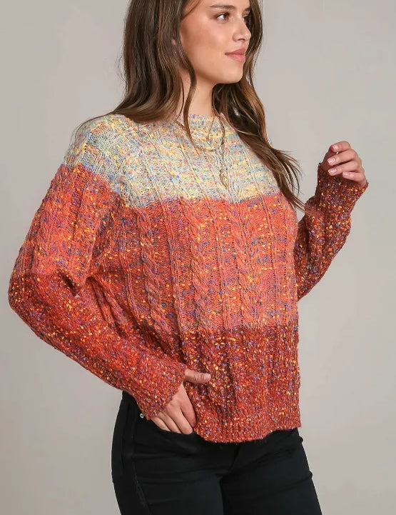 Cable-Knit Color Block Round Neck Long Sleeve Sweater | Sweaters Daverri Fashions