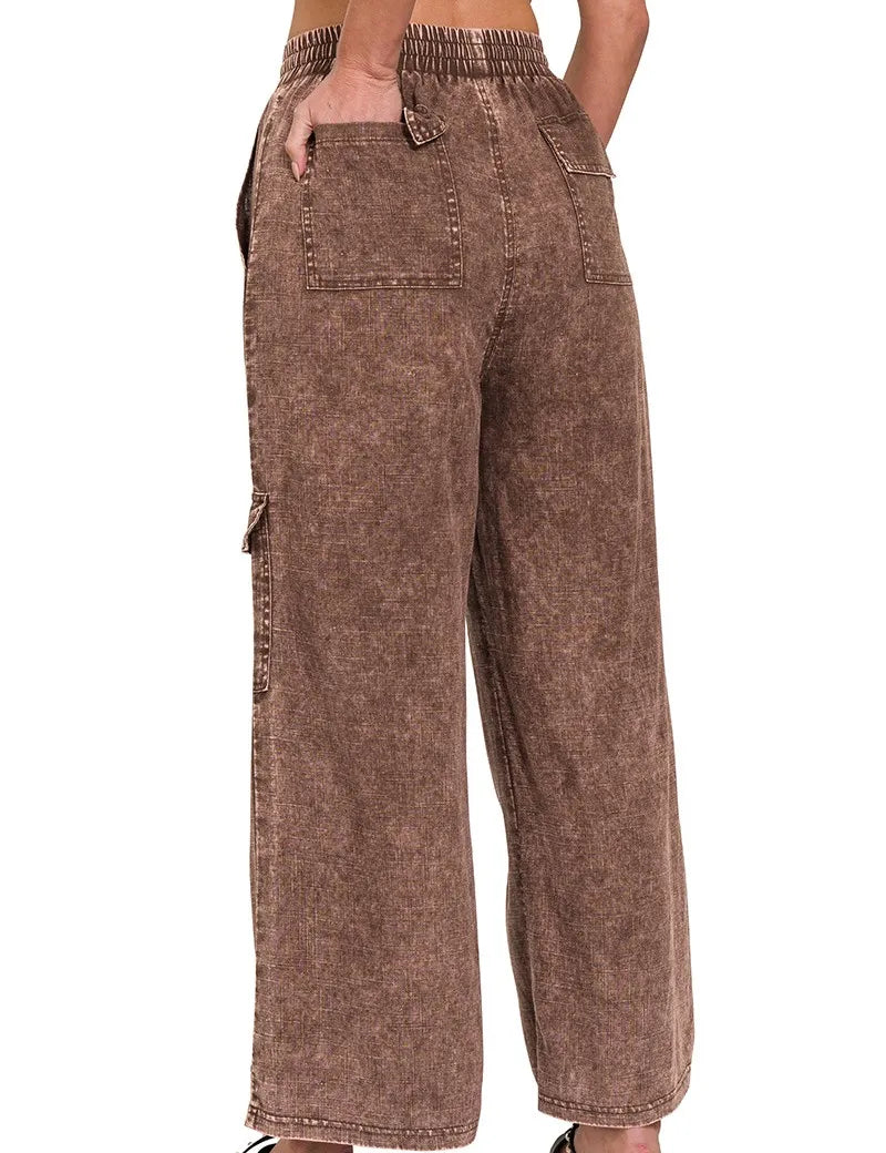 Zenana Washed Linen Elastic Band Waist Cargo Pants | Pants Daverri Fashions