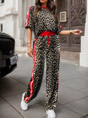 Scarlet Leopard Round Neck Top and Pants Two-Piece Set | Loungewear Sets Daverri Fashions