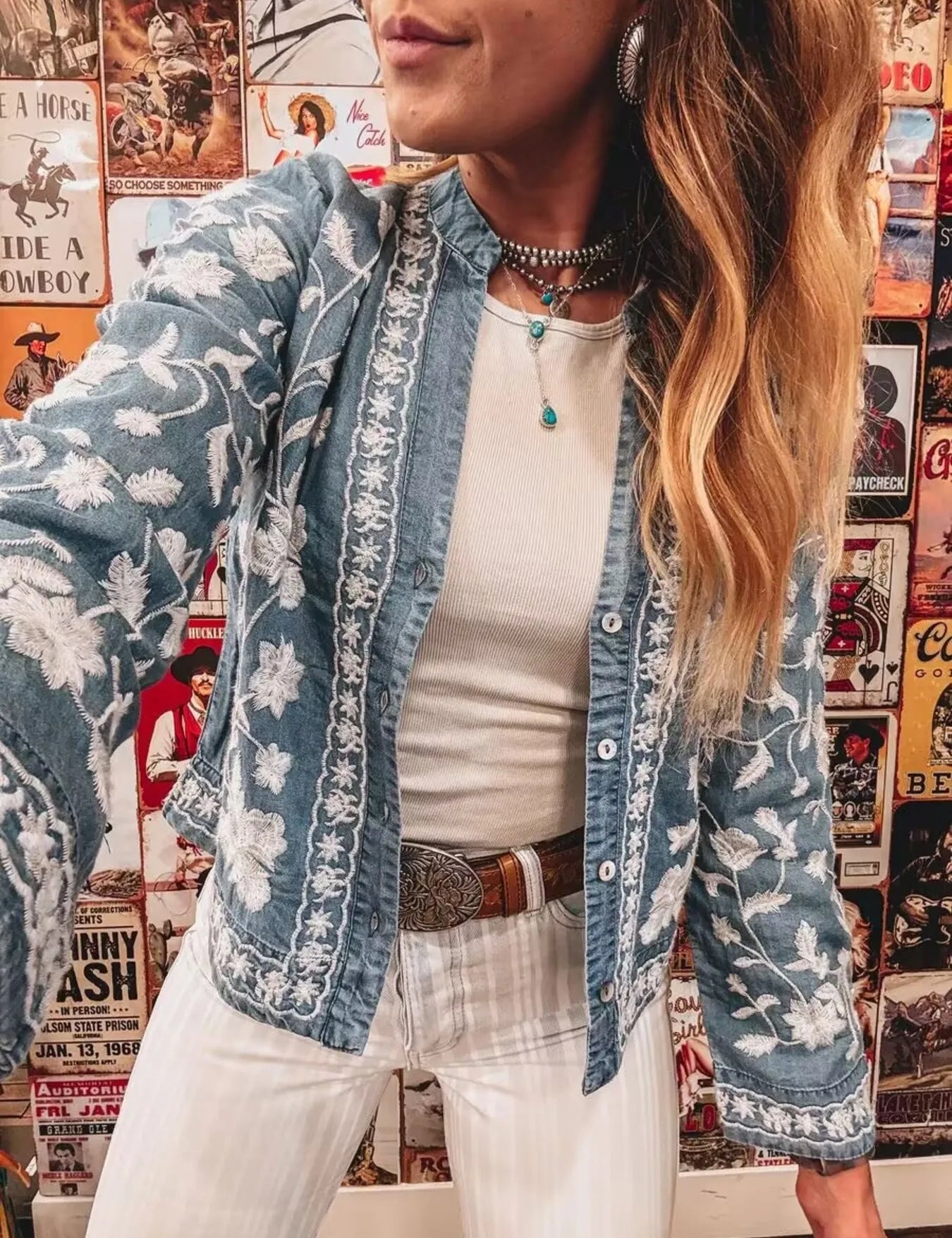 Light Floral Embroidered Button Up Denim Shirt | Shirts Daverri Fashions