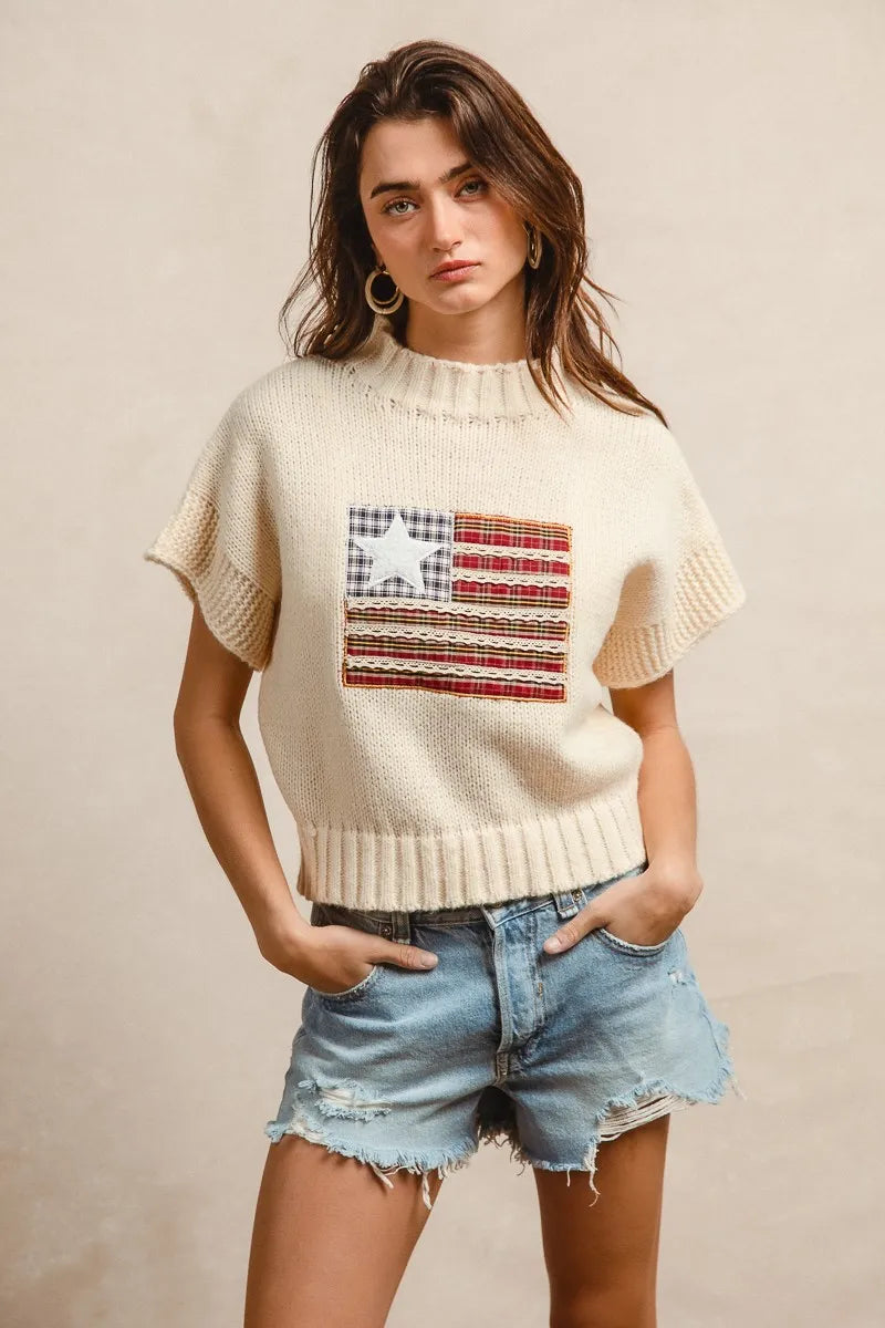 BiBi American Flag Patchwork Drop Shoulder Sweater | Sweaters Daverri Fashions