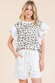 WHITE COMBO Lime 'N' Chili Ribbed Leopard Print Ruffle Detail Sleeveless Top | Tops Daverri Fashions