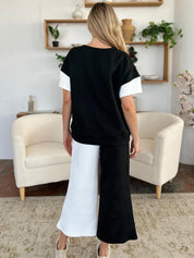 Double Take Full Size Texture Contrast T-Shirt and Wide Leg Pants Set | Outfit Sets Daverri Fashions